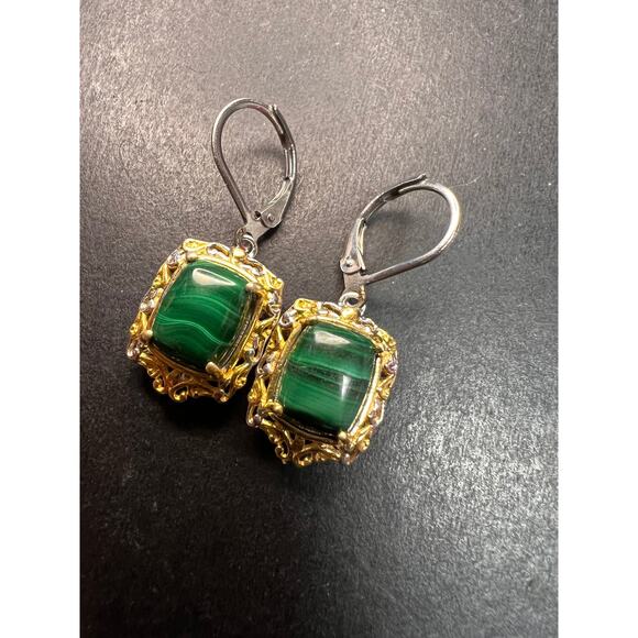 New Karis Platinum & 18K Gold Plated Malachite Leverback Earrings - Picture 6 of 9